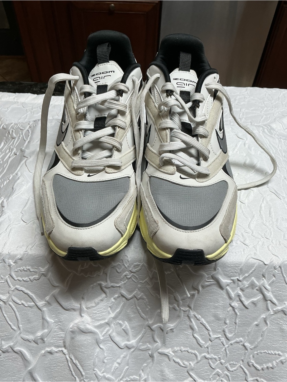 Nike Men’s White, Gray & Black Zoom Air Sneakers with Yellow Accent